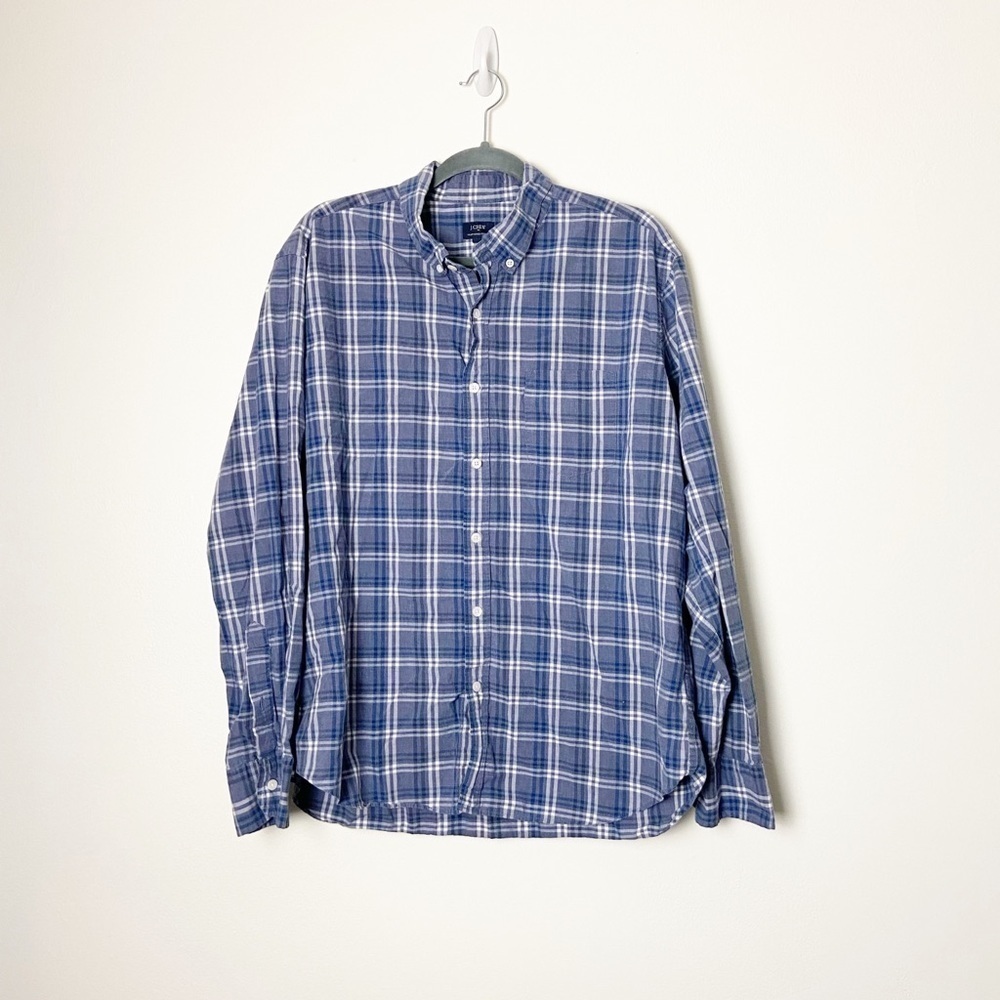 J CREW • Men’s Heathered Cotton Blue/White Plaid Button Down Size XL